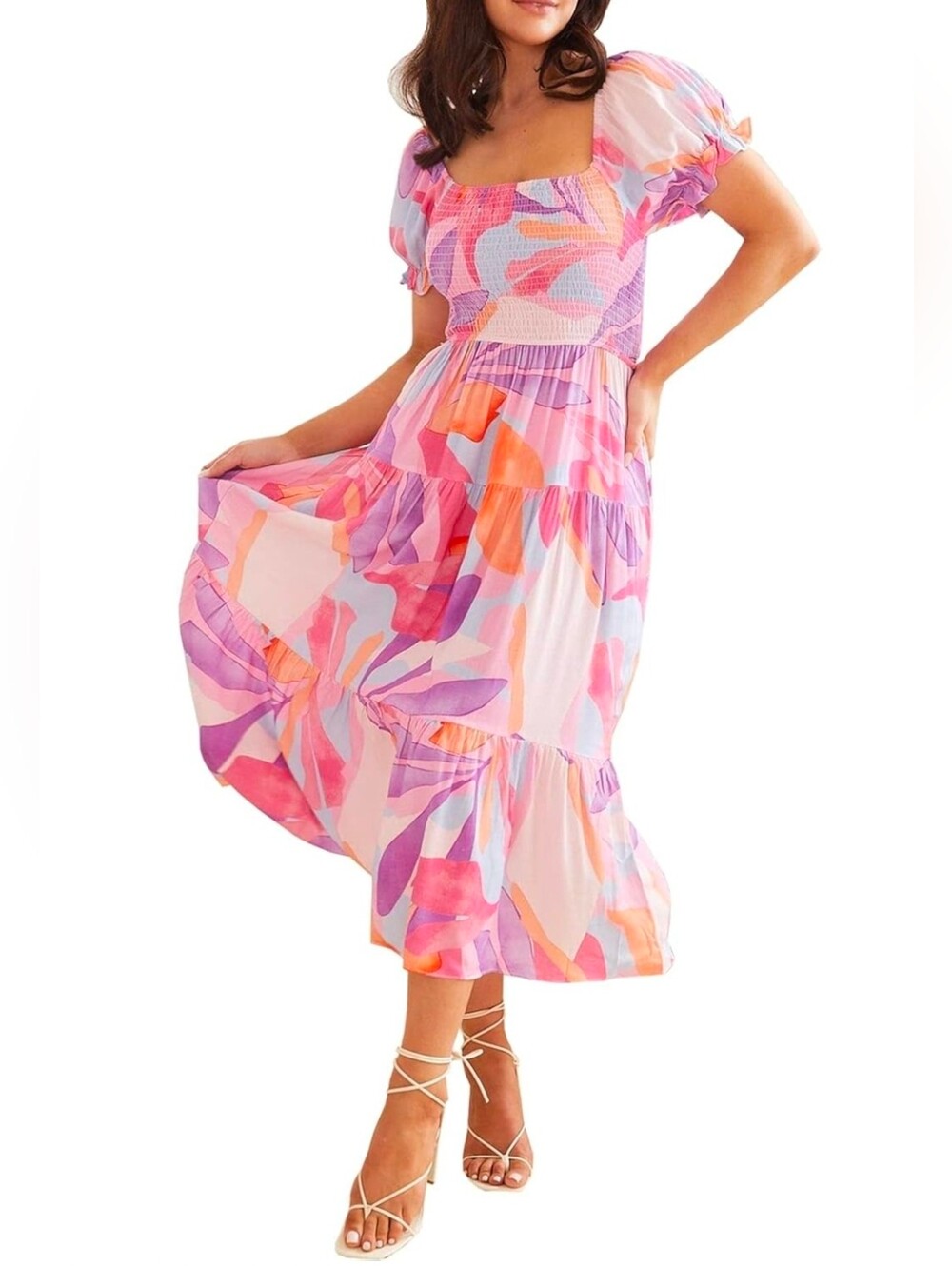 Sissyaki Pink Tiered Midi Dress with Puff Sleeves Size M NWT